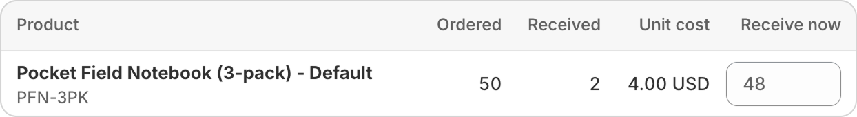 A purchase order line ready to receive 48 of 50 ordered units