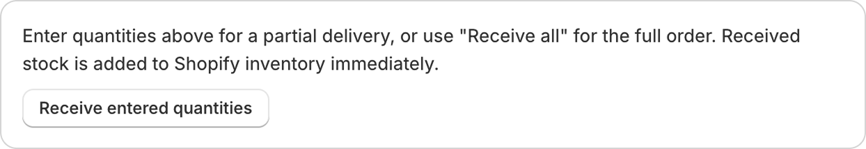The same line after partial receiving updated Shopify inventory